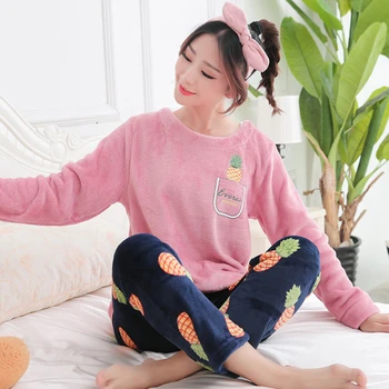 

Women Pajamas Set Winter Warm Nightwear Long Sleeve Cute Sleepwear Femme Casual Homewear Female thick Pyjamas Pijama Mujer