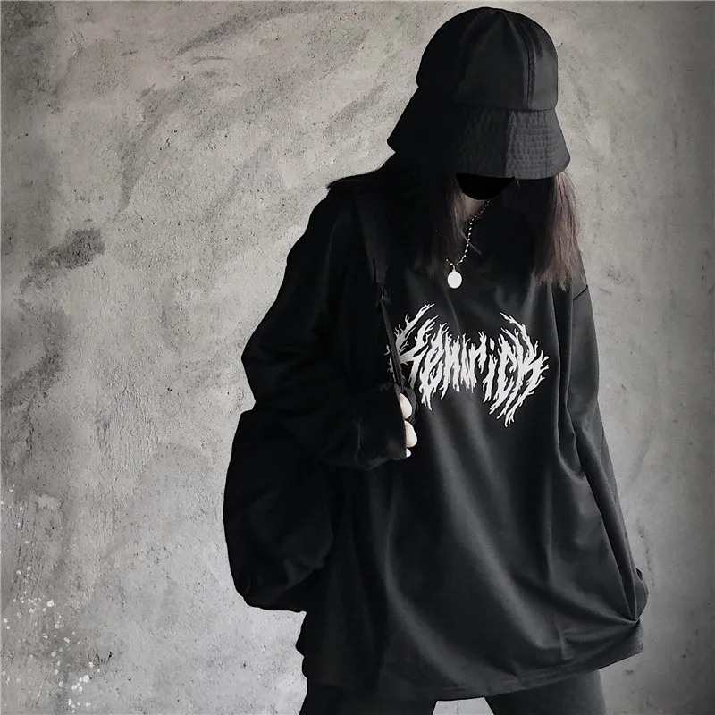 Black Осень корейский ins Harajuku стиль улица Темный траурный Винтаж Шипы с буквенным принтом свободный свитер с капюшоном WGNVWY55 - Цвет: Black