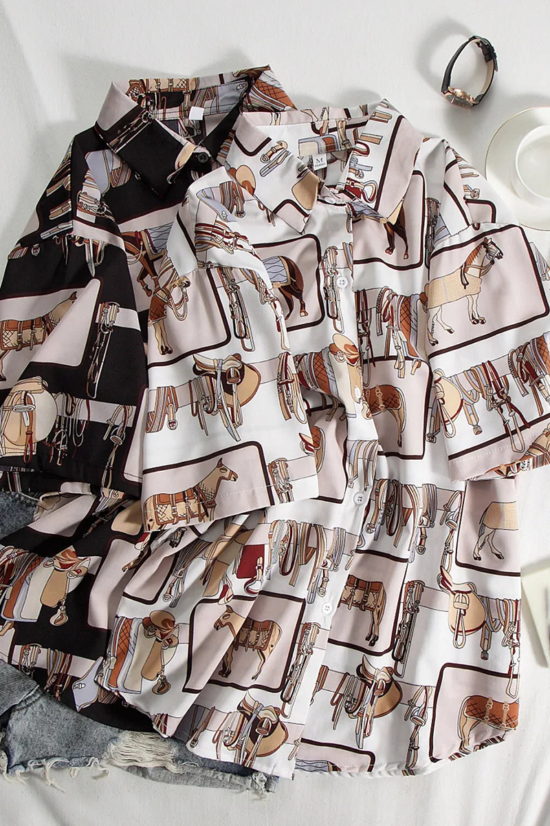 Retro Short Sleeve Women Blouses Work Office Shirts Casual Tops Ladies House Print Oversized Shirt Summer Women Fashion Clothing