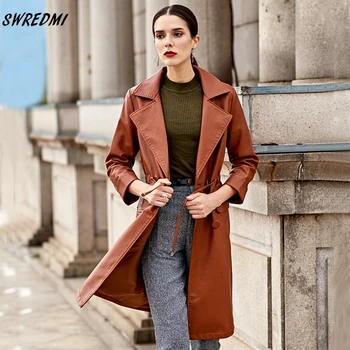 

Women Brown Leather Trench 2020 New Autumn And Winter Three Quarter Sleeve Lady Leather Coat Female High Street Suede SWREDMI
