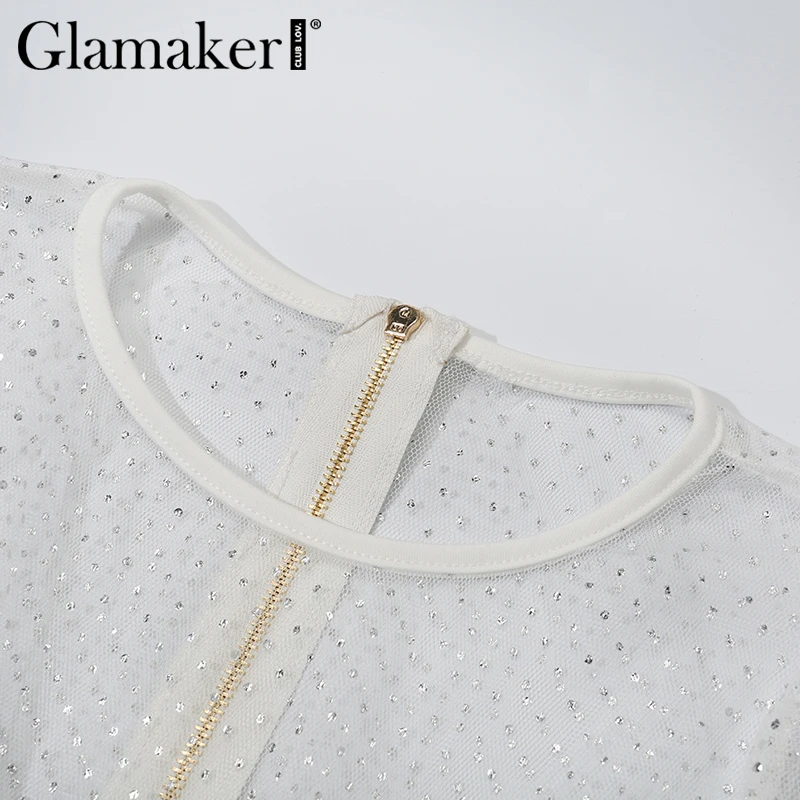 Glamaker, трикотажная сетчатая блузка в горошек, женская, с круглым вырезом, с длинным рукавом, из кусков, короткая белая блузка, женская, осень, зима, Сексуальная Блузка