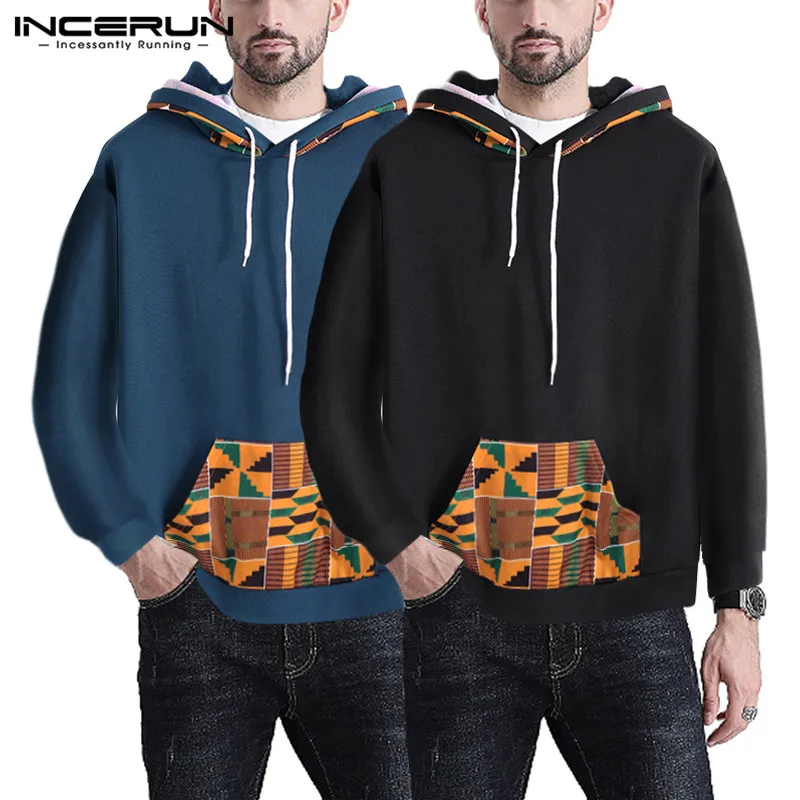 

Ethnic Style Men Chic Printing Long Sleeve Sweatshirts Pockets Social Pullover Hoodies Brand INCERUN Sudadera Hombre Plus Size