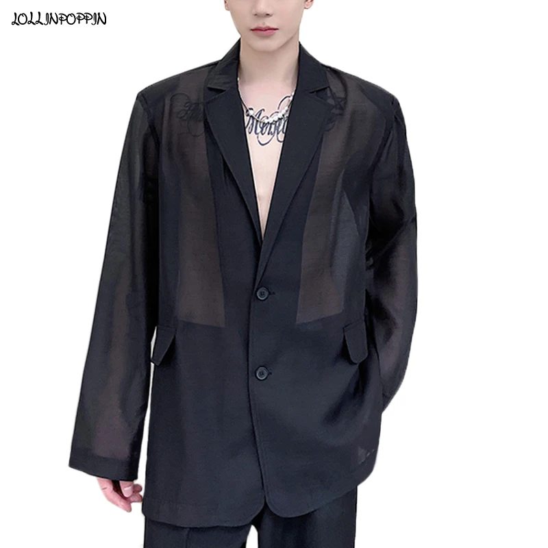 

Semi-Transparent Sexy Men Organza Suit Jacket Two-Buttons Single Breasted Casual Blazers 2021 Spring Summer Mens Thin Coat Loose