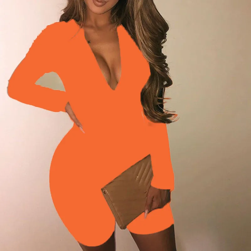 Autumn Neon Women Playsuits Casual Street Rompers V-Neck Zipper Skinny Black Winter Outfits Double Side Wear Jumpsuit GV108