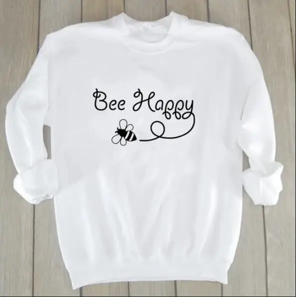 white tee black text Пчела счастливая Толстовка Повседневная стильная Tumblr пчела Харадзюку толстовки пчела забавная хлопковая графическая Эстетическая джемпер Топы пчела счастливые наряды - Цвет: white tee black text