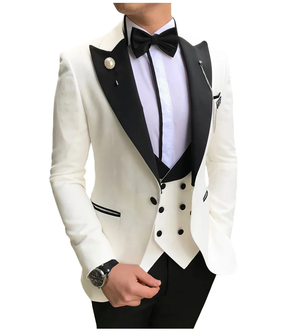 Custom Made Men Suits White and Black Groom Tuxedos Peak Lapel Groomsmen Wedding Bridegroom ( Jacket+Pants+Vest+Tie ) D133