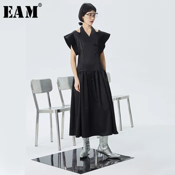 

[EAM] Women Black Pleated Split Bandage Long Dress New V-Neck Short Sleeve Loose Fit Fashion Tide Spring Summer 2020 1S984