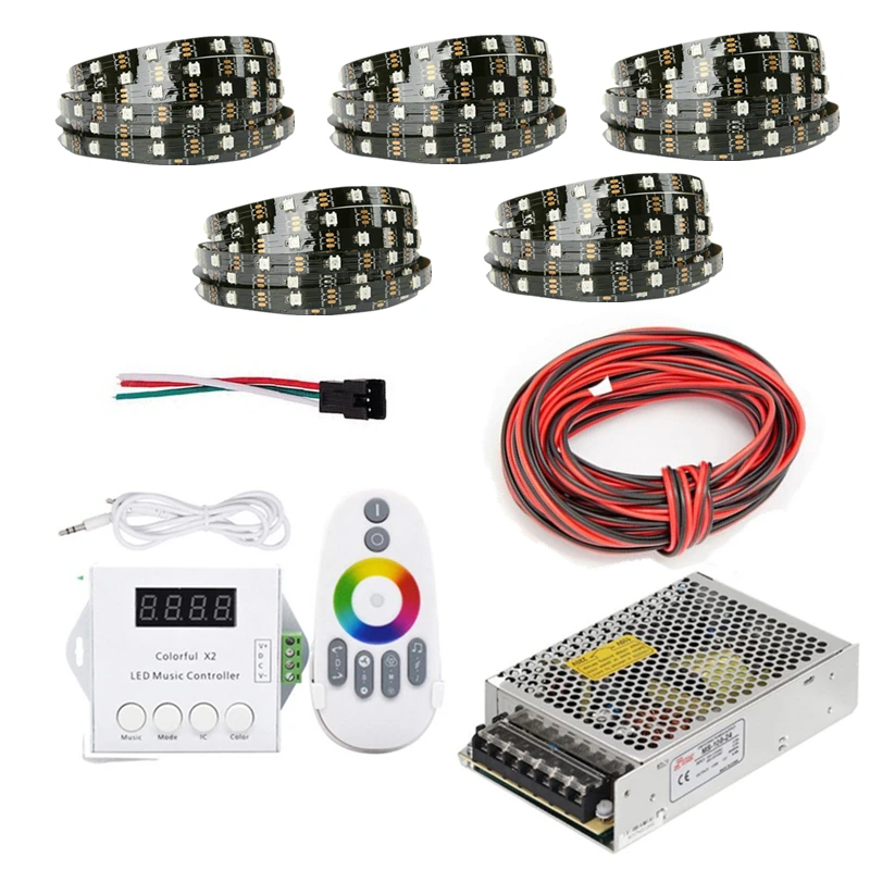 

25M 20M 15M 10M 5M WS2812B LED Strip WS2812B IC 30 leds/M RGB Smart Pixel Strip + Colorful X2 Led Controller + Led power supply