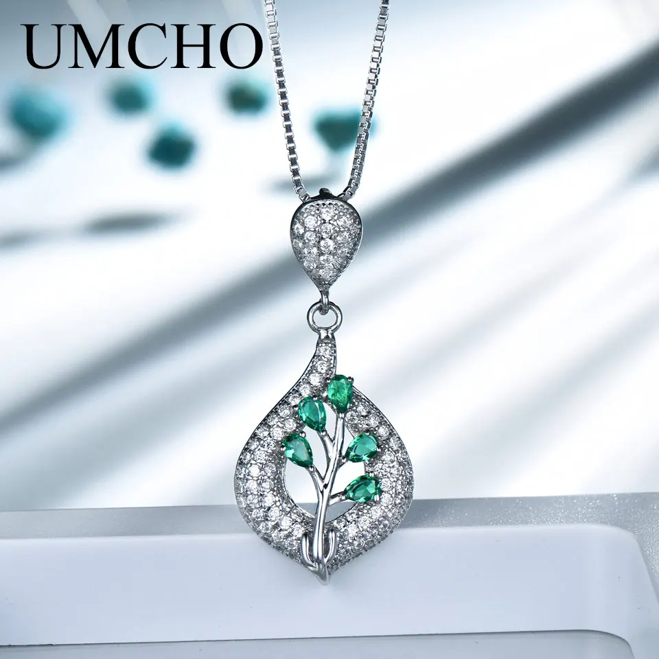 UMCHO Твердые 925 пробы Серебряный лист изумрудное ожерелье с подвеской драгоценный