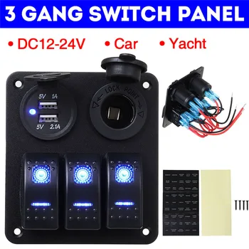 

DC12V 24V 3 Gang Rocker Switch Panel Power Socket 3.1A LED Dual USB Wiring Kits and Decal Sticker Labels for Marine Boat Car