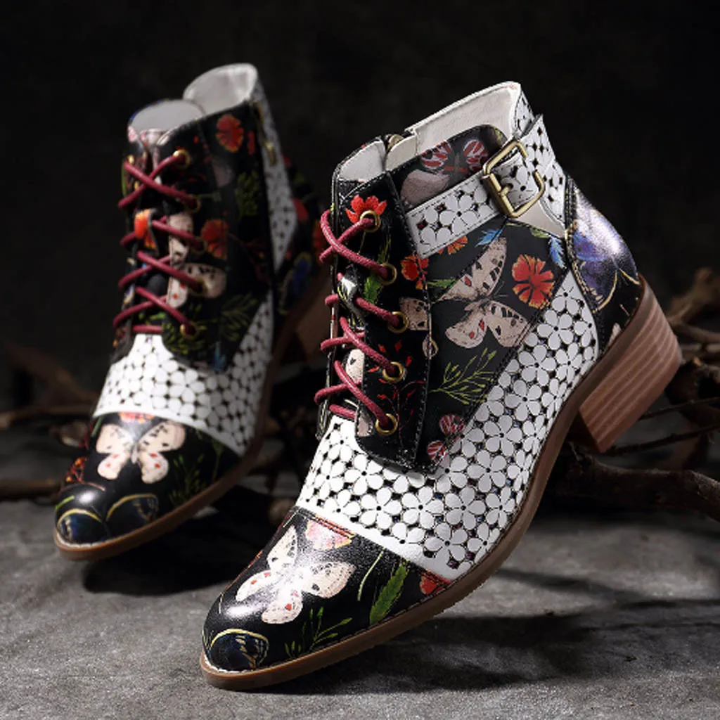 

Women Autumn Winter Flock Ankle Boots Slip-on Cow Leather Splicing Stitching Ink Casual Flowers Booties Size 35-43