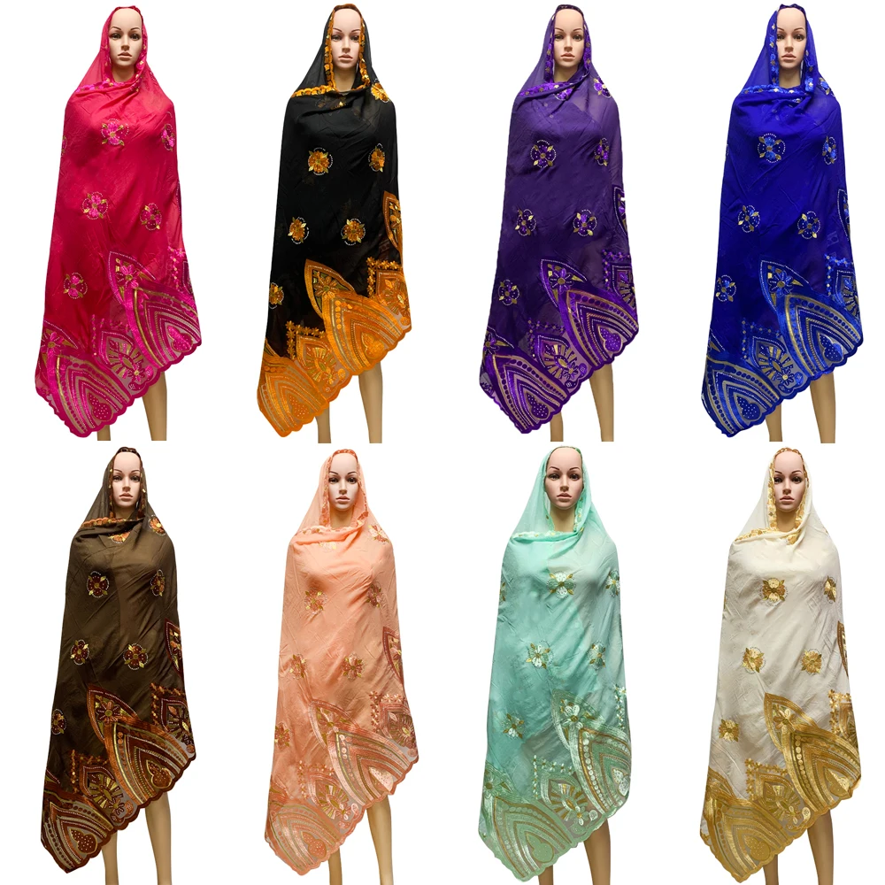 2021 New Fashion Scarf For Muslim Women Embroidery Diamonds Cotton African Hijab Dubai Turkey Islam 210x110cm 11 Psc ShawLes-008