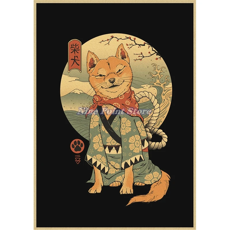 flower wall decals Japanese Samurai Cat Ramen Kraft Paper painting posters Home Decor Art Decor HD quality Cartoon Painting animal nursery wall stickers