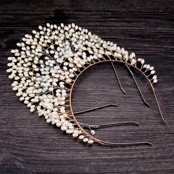 

Rose Gold Silver Color Handmade Pearls Crowns And Tiaras Headband Women Headpiece Bridal Hair Vine Hairband For Wedding Jewelry