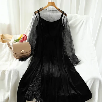 

Vintage Pleuche Dress 2 Piece Set Women Printed Mesh Turtleneck Pullover Top+solid A Line Dresses Female Chic Dresses Sets