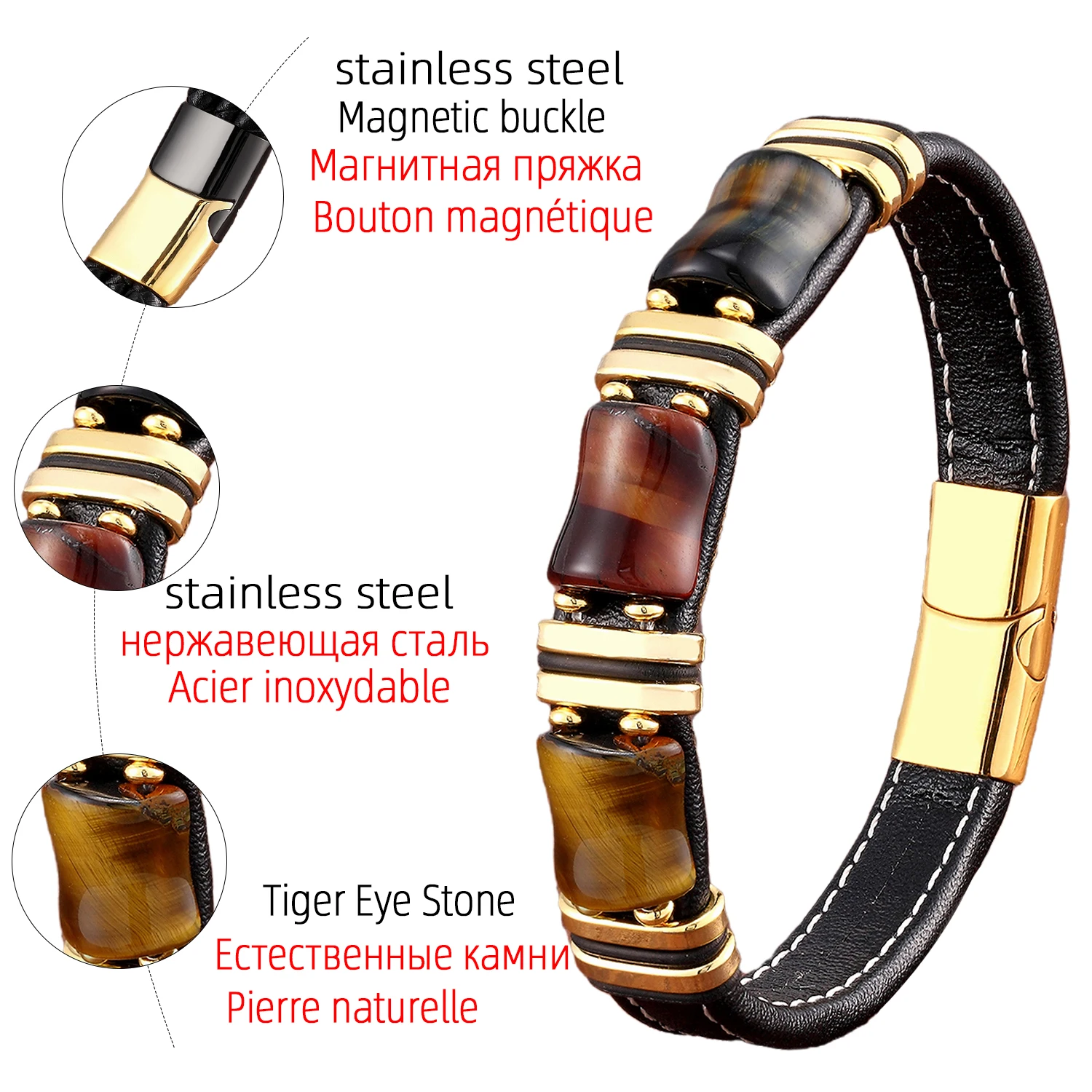 Natural Stone,Tiger Eye Bracelet,Black Leather Rope Chain,Men Bracelet,Stainless Steel Bracelet,Women Fashion Jewelry,Wholesale - Image 6