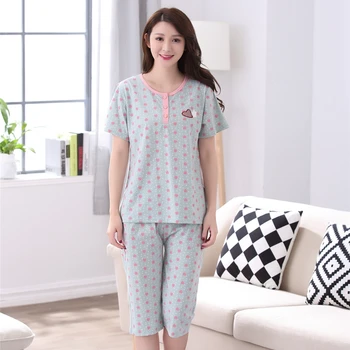 

Plus Size Girls Knee Length Cotton Pajama Set for Women 2019 Summer Short Sleeve Pyjama Pijama Loungewear Homewear Home Clothing