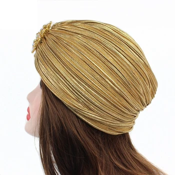

Fashion Ladies Gold Silver Hair Caps Diamond Jewel Turban Hats For Women Chemo Bandana Hijab Pleated Indian Styling Cap Hat