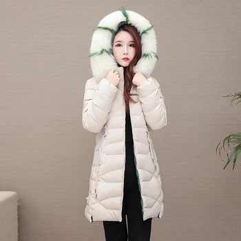 

Casual Plus Size 3XL Mid Long Slim Padded Parkas Women Stand Collar Hoodded Fur Collar Cotton Jacket Fashion Slim Long Outwear