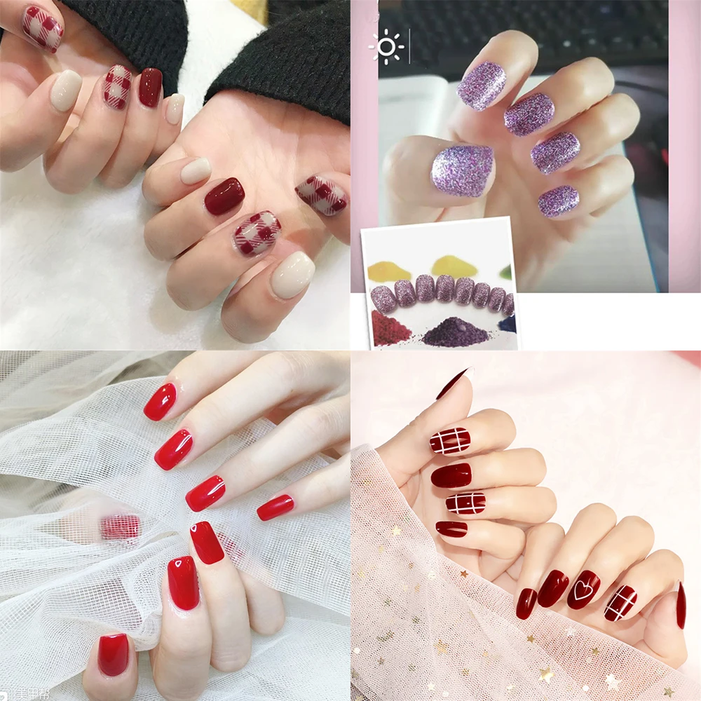 

Shiny Glittler False Nails Short Multi-color Fake Nails Sequins Patch Nails Artificial Nail Full Tips Faux ongle with Glue FA099