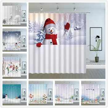 

Merry Christmas Shower Curtains Funny Cartoon Snowman Winter Snow Scene House Xmas Decor New Year Child Bath Fabric Curtain Set