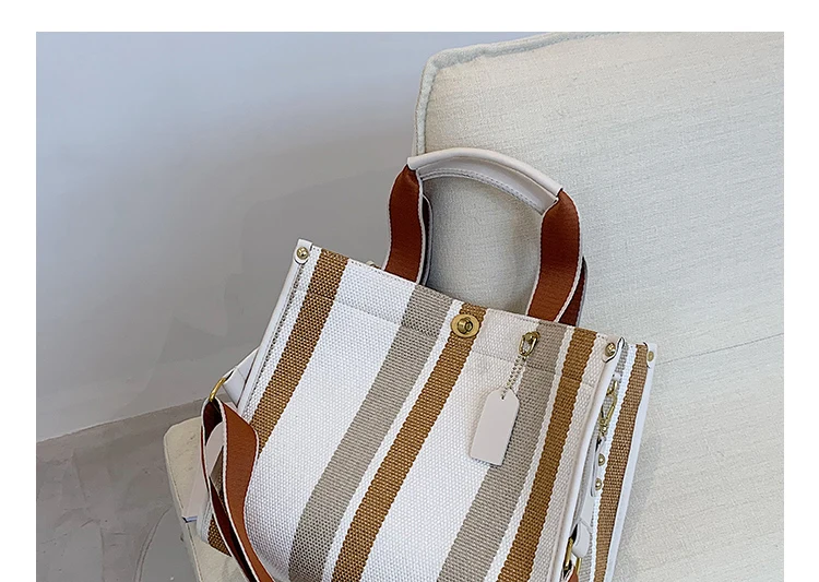 Fashion Striped Canvas Women Shoulder Bag Big Capacity Shopper Bags For Women Casual Wide Strap Handbag Women's Bag Commute Tote