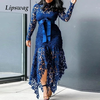 

Elegant Hollow Out Lace Irregular Maxi Dress Women 2020 Spring Long Sleeve Chic Slim Belt Dress Vestido Femme Sexy Party Dresses