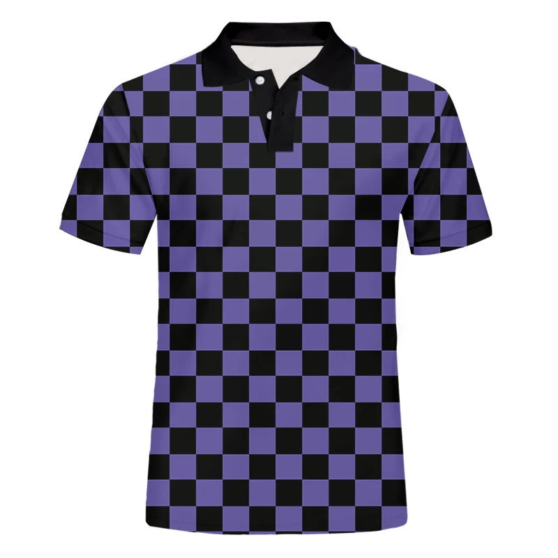 

CJLM Business Men's Short Sleeve Stand Collar Shirt Purple Plaid Plein Polo Black Checkerboard Shirt Man Oversized Casual 5XL