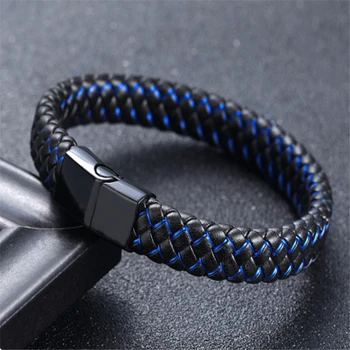

New Men Jewelry Punk Black Blue Braided Leather Bracelet for Men Stainless Steel Magnetic Clasp Fashion Bangles Gifts