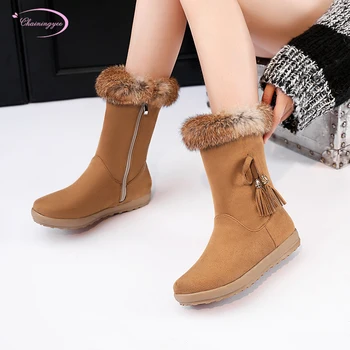 

Casual winter warm plush snow boots round toe rabbit hair fringe bowknot black red yellow gray low heels women's mid-calf boots