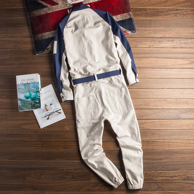 Men's Long Sleeve Jumpsuit Hip Hop Streetwear Men Cotton Bib Overalls Pants with Sashes Pockets Male Casual Workwear Cargo Pants
