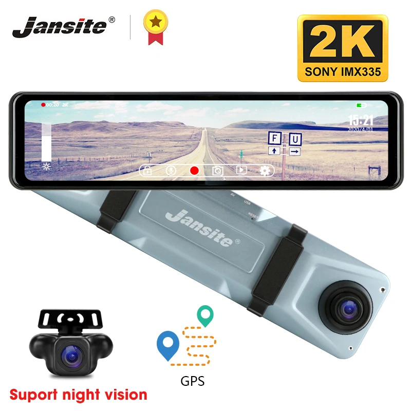 

Jansite 12" Car DVR Touch Square Screen stream media Dash cam mirror camera Anti-jamming GPS Track playback Recorder Rear camera