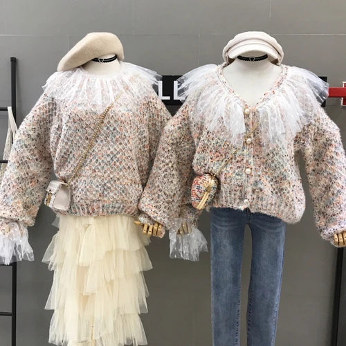 Apricot New Fashion Autumn and Winter Women Boudoir Colored Knit Sweater Coat Sweet Mesh Stitching Loose Pull Femme Students Knitwear - Цвет: Apricot