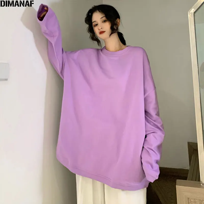 DIMANAF Plus Size Sweatshirts Women Clothing Pullovers Oversize Basic Lady Tops Cotton Solid Long Sleeve Loose Casual Shirts