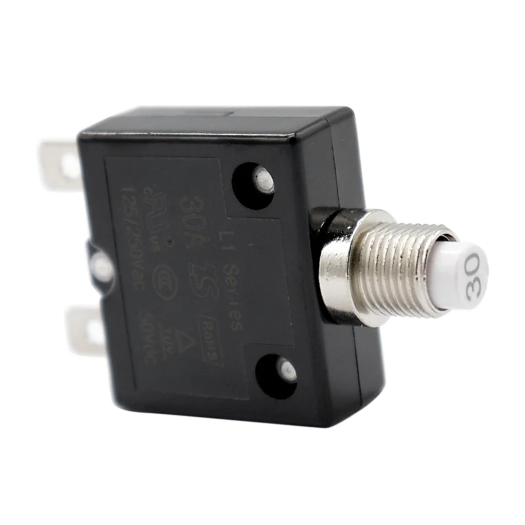 30A Push Button Reset Circuit Breaker, DC50V AC125-250V Thermal Overload Protector with Black Waterproof Button Cover