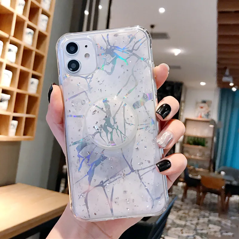 BFOLLOW мраморный блестящий чехол для iPhone 6 6s 7 8 Plus с поп-подставкой X XR XS Max 11 Pro Max мягкий силиконовый лазерный чехол - Цвет: Белый