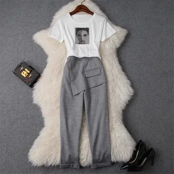 

2019 Summer Fashion Designer Short Sleeve Diamonds T Shirt and Pencil Pants Suit Set Women Casual Two Piece Outfits Twinset