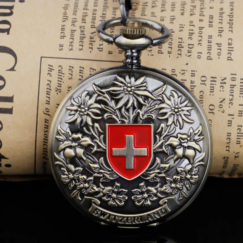 

Engraved Switzerland Red cross Hollow Hand Wind Mechanical Pocket Watch Men's and Women Bronze Tone for Birthday Gift PJX013