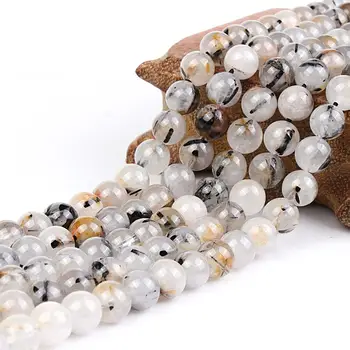 

Natural Round Black Rutilated Quartz Milky White Gemstone Loose Beads 8 10mm For Necklace Bracelet DIY Jewelry Making