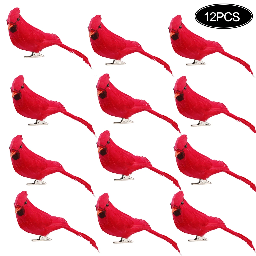 

12pcs Simulation Red Feathers Bird Clip On Christmas Tree Ornament Decorations Christmas Artificial Birds Ornament For Garden