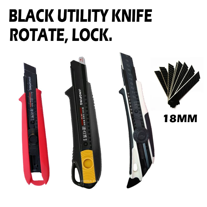 Cuchillo de utilidad de alta calidad, cuchilla negra, cortador de papel de bloqueo giratorio de 18mm, papel tapiz especial para la industria del aprendizaje de la Oficina, cuchillo Cn (origen)