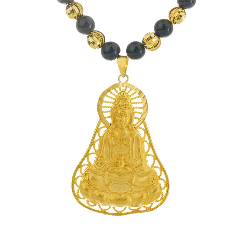 gold black OMHXFC ювелирные изделия оптом NL233 Европейская мода изысканная женщина мужчина Вечеринка день рождения свадебный подарок Гуаньинь 24KT золотой кулон ожерелье - Цвет камня: gold black