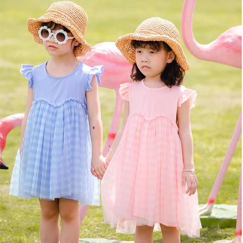 2020 Summer Dresses Toddler Kids Girls Ruffle Sleeveless Patchwork Dress For Elegant Princess Baby Pink Blue Clothes | Детская одежда и