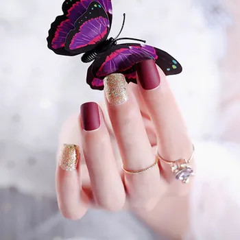 

24pcs/box with 2g glue Finished Fake Nails Patches Detachable Short Cameo Brown Jump Color Gold Artificial Nail Tips for girls