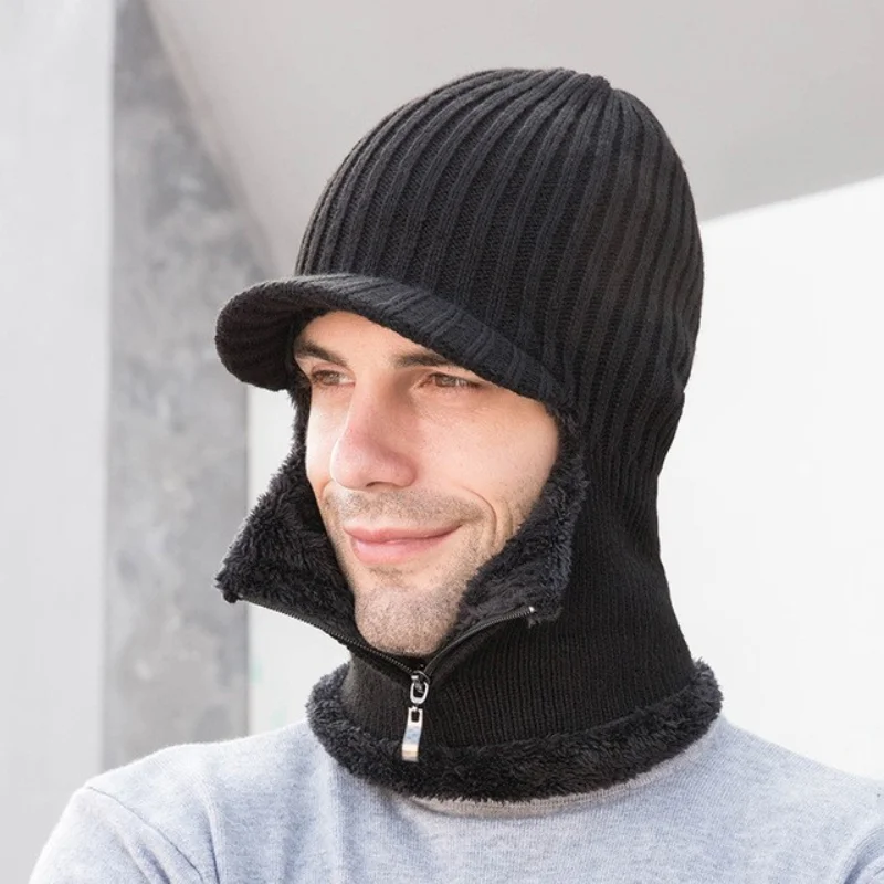 Men's winter knitted hats with zipper, new addition of fur lining to keep warm hats, men's winter hats, warm and windproof hats bomber trapper hat