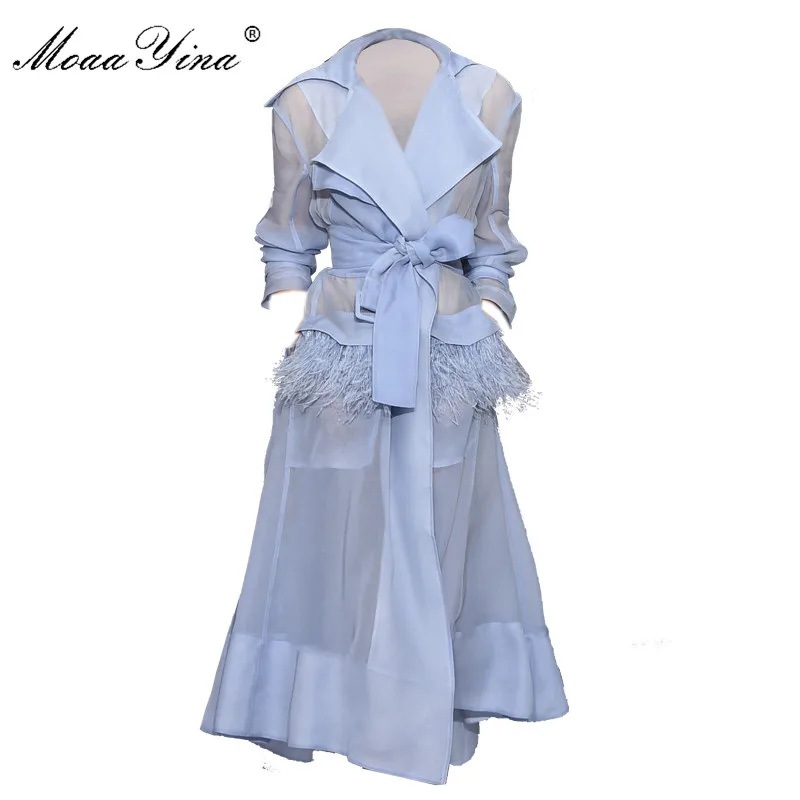 

MoaaYina Fashion Designer Runway dress Spring Autumn Women Dress Turn-down Collar Long sleeve Pocket Feather Lace-Up Dresses