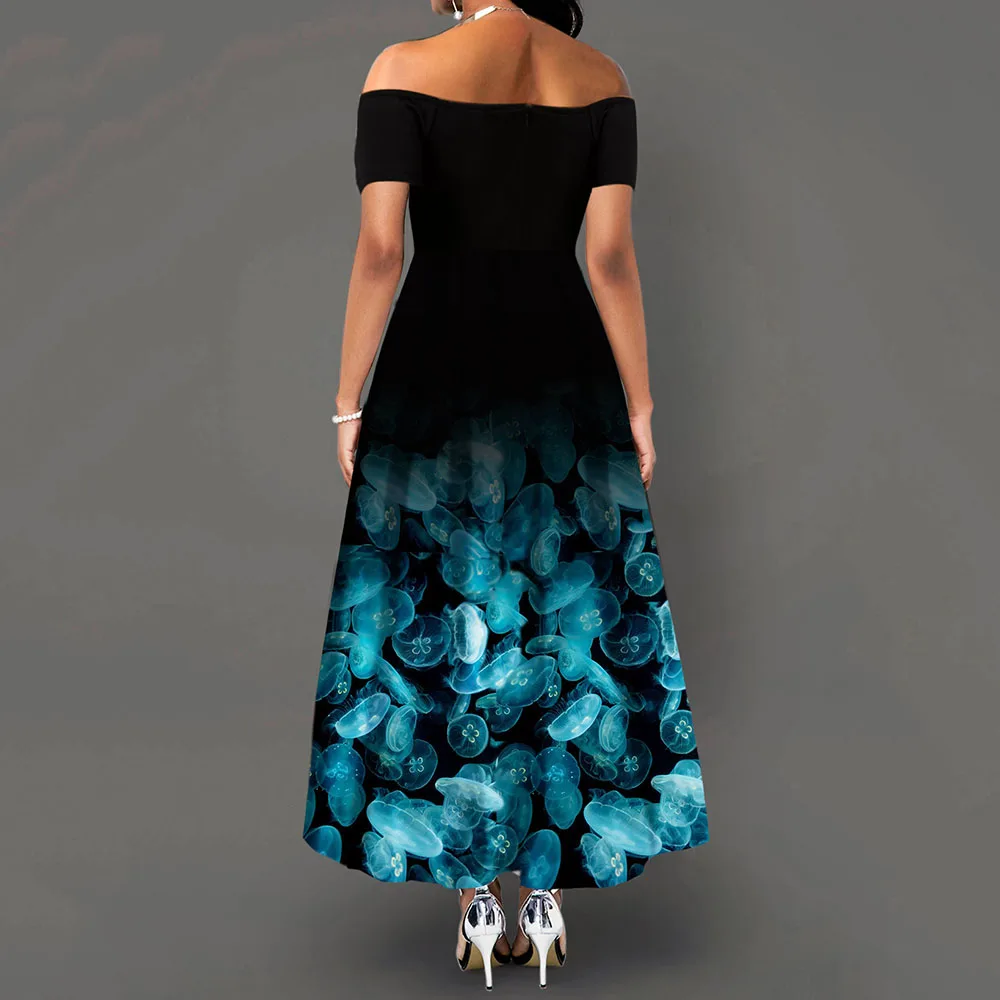 Синий с открытыми плечами Рубашка с короткими рукавами Цветочный принт элегантное вечернее платье трапециевидной формы на молнии; стильная обувь вечерние официальные Для женщин вечерние платья