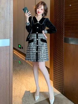 

Diamond lapel stitching tweed high waist A-line single breasted dress women's 2020 autumn and winter new