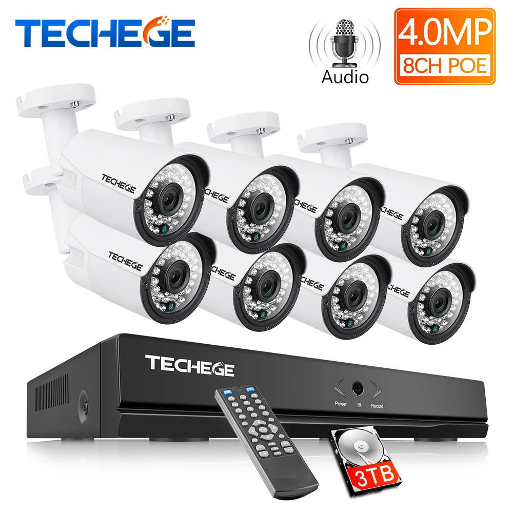 Techege H.265 8CH 4MP Audio CCTV Camera System Outdoor Waterproof Surveillance NVR Kit PoE Security