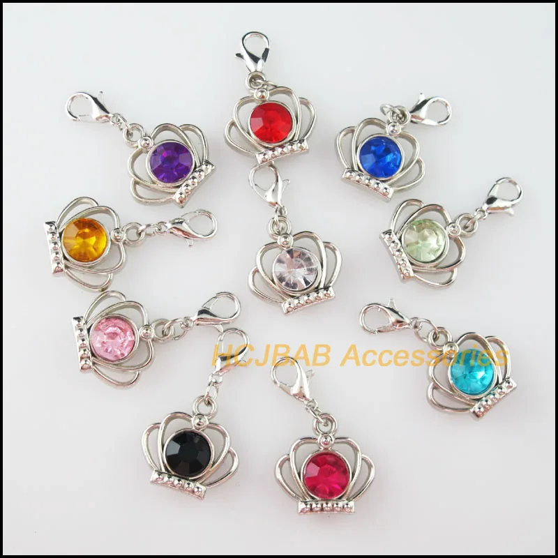 

20 New Crown Charms With Lobster Claw Clasps Dull Silver Plated Mixed Crystal 19mm
